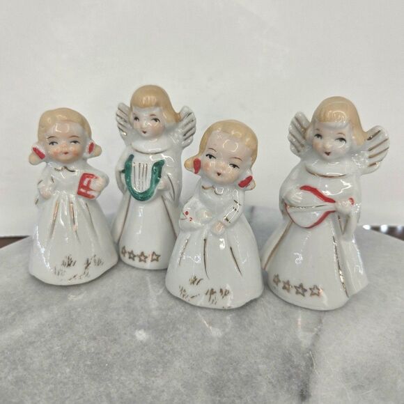 Vintage Japan Angel Bell Figurines Set of 4 Christmas Choir Gold Trim Porcelain - Picture 1 of 8